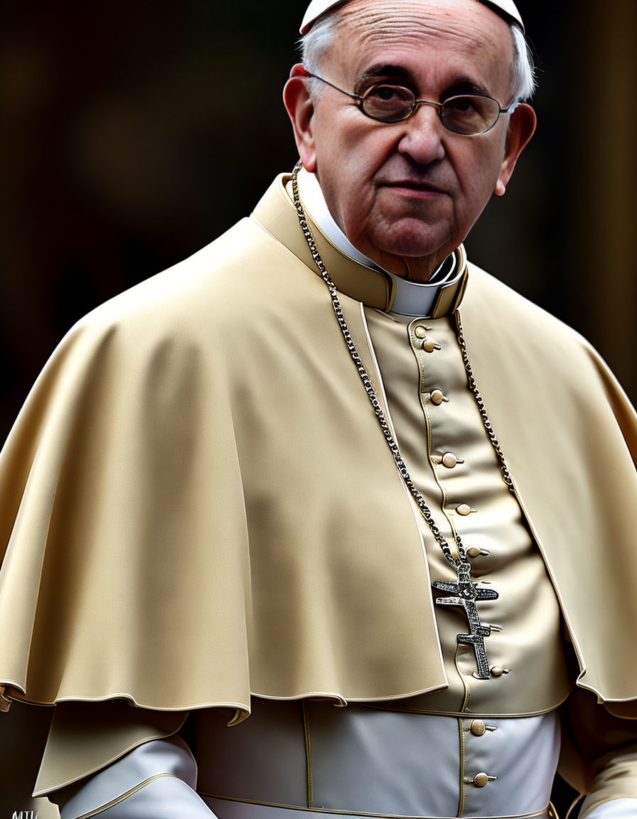 Religious person wearing crucifix necklace in solemn expression