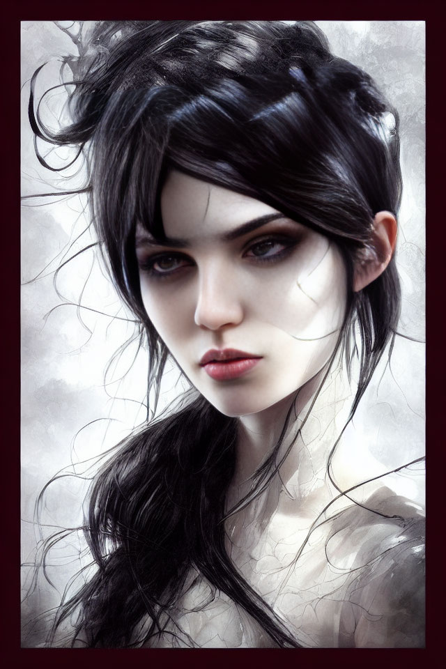 Digital Artwork: Pale-skinned Woman with Dark Hair and Striking Eyes on Misty Gray Background