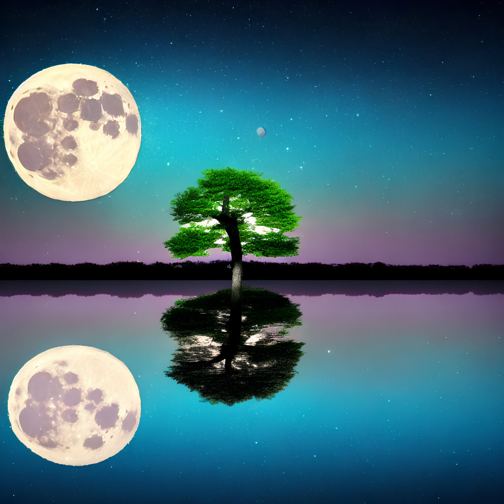 Lone tree reflection on water under night sky with moon and aurora colors