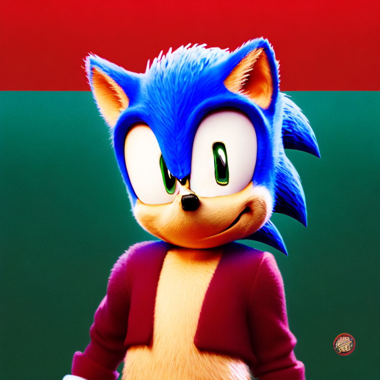 3D Sonic the Hedgehog illustration with blue fur and red shirt