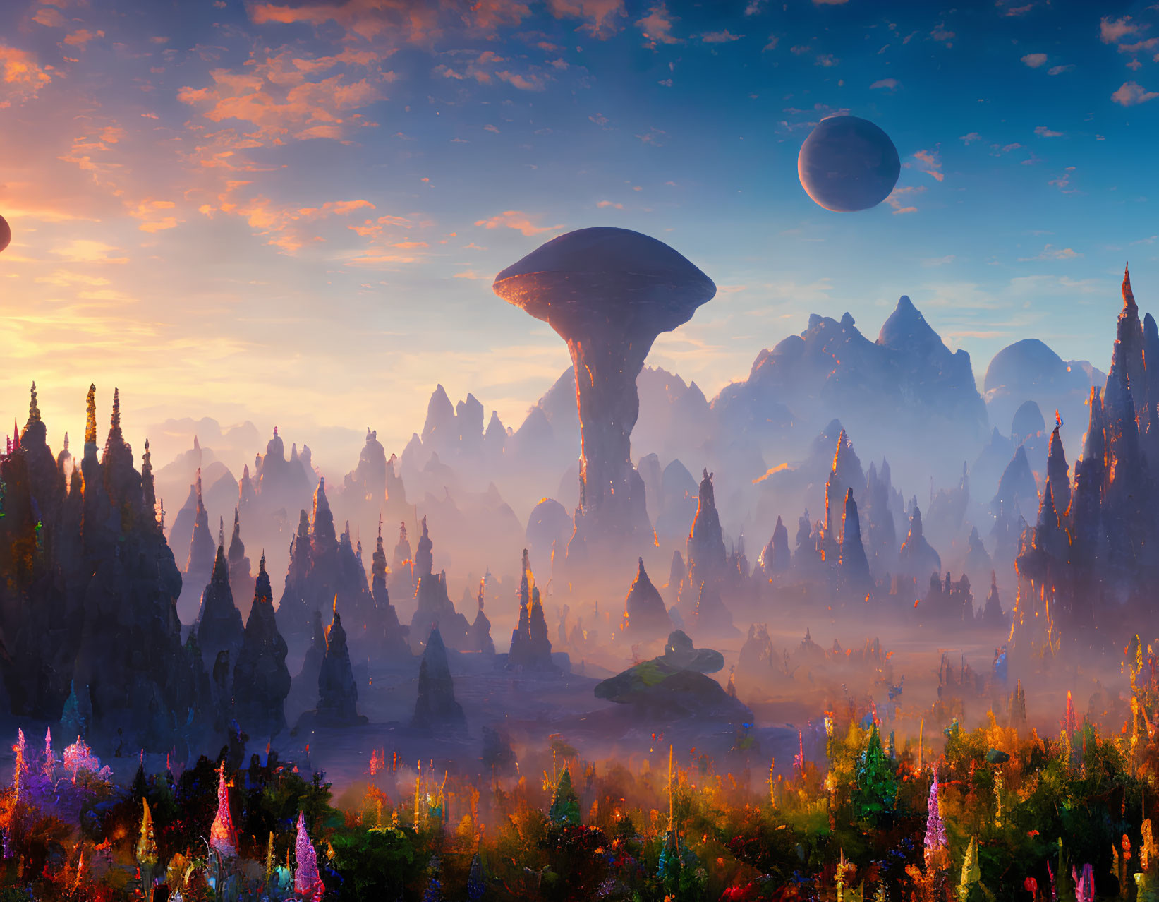 Colorful alien landscape: towering mushrooms, vibrant flora, misty atmosphere, large moon
