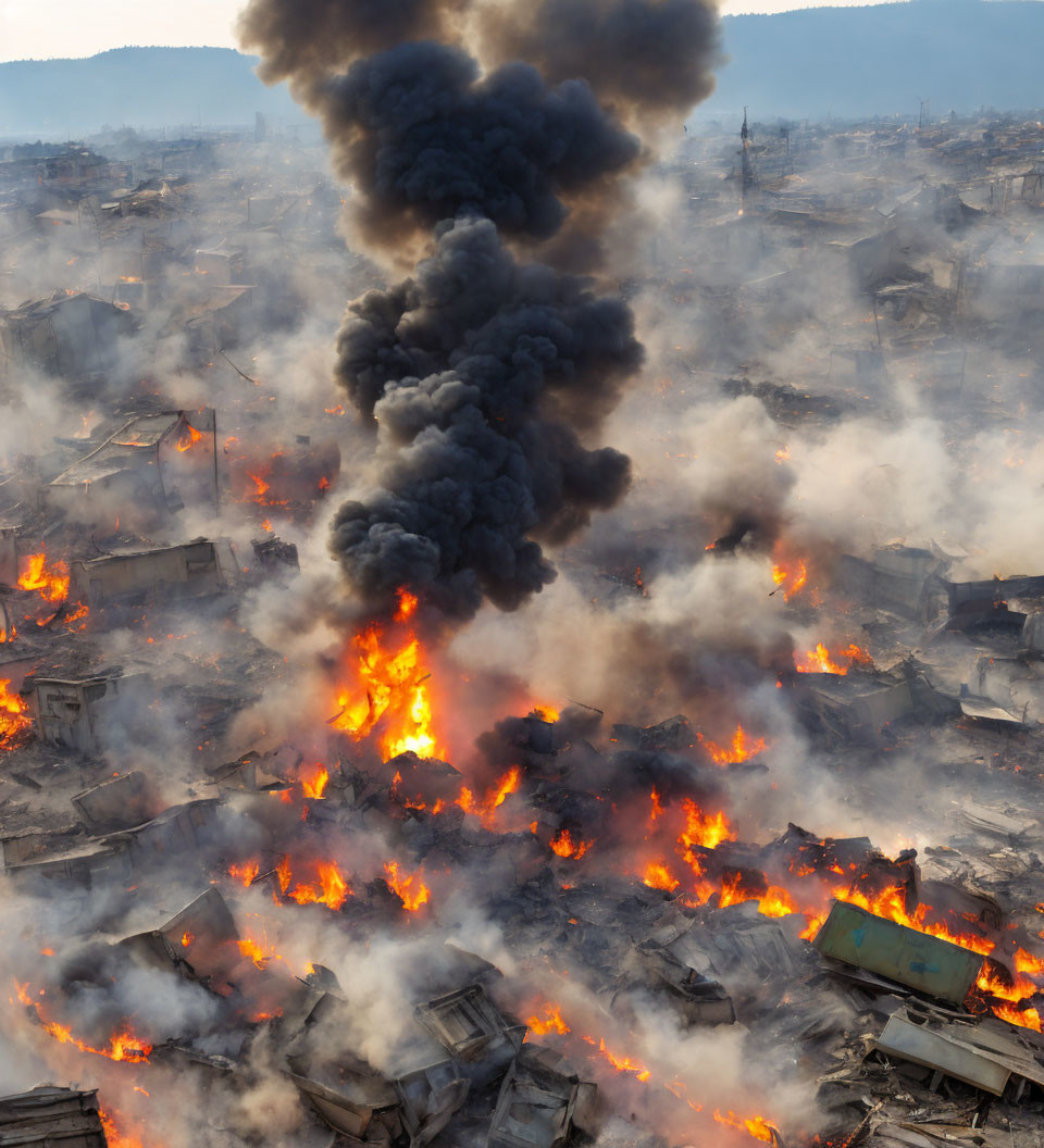 Aerial view of buildings engulfed in devastating fire