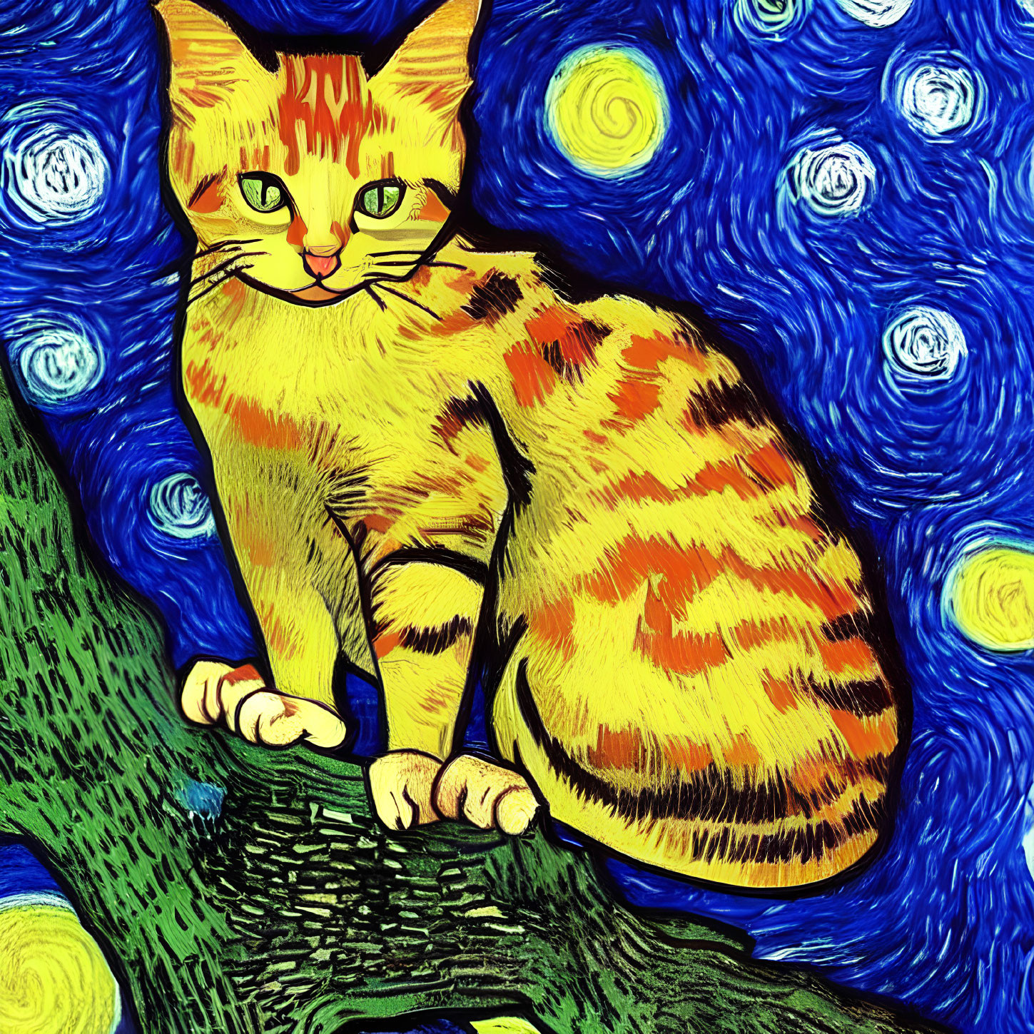 Orange Tabby Cat with Green Eyes on Van Gogh-Inspired Background