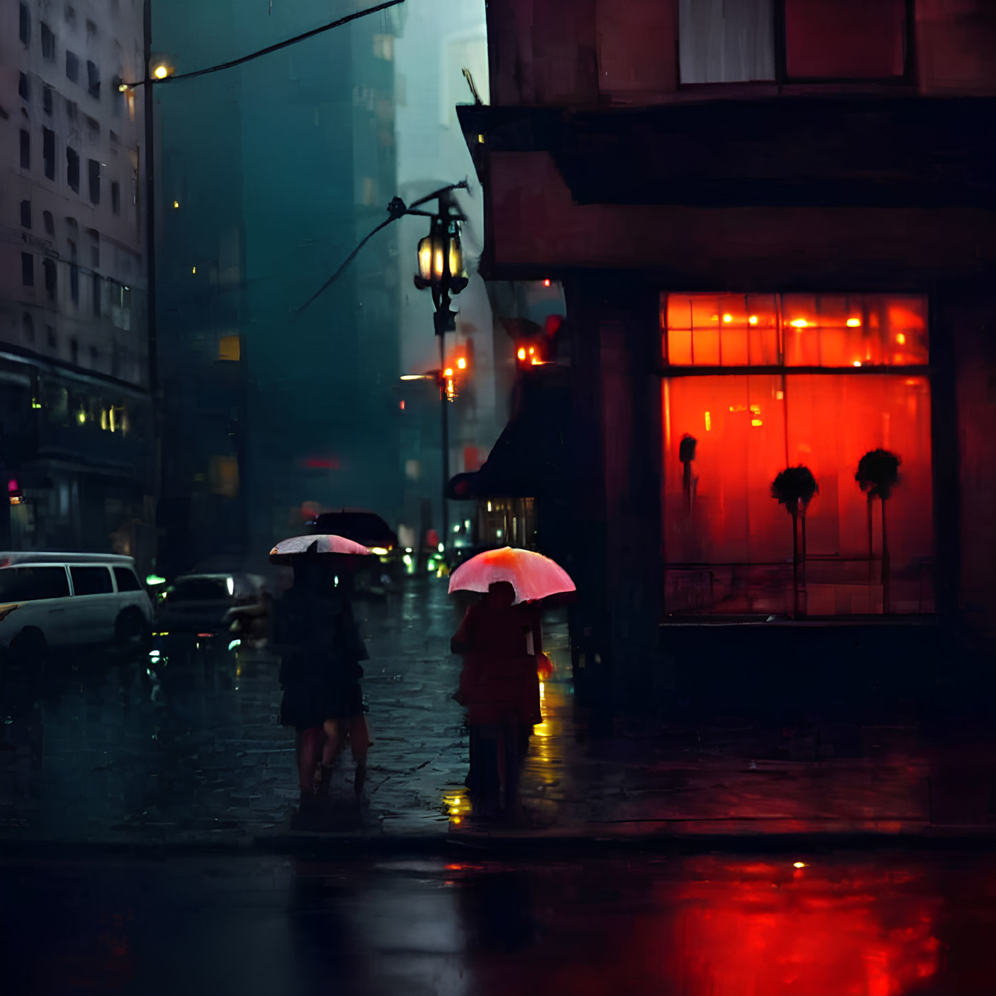 Night scene: Two people with umbrellas under red neon lights in the rain