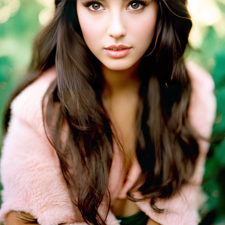 Dark-Haired Woman in Pink Fluffy Coat Gazing at Camera