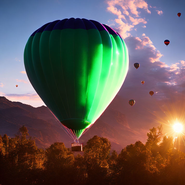 Colorful hot air balloon floats at sunrise near mountains with others in the sky