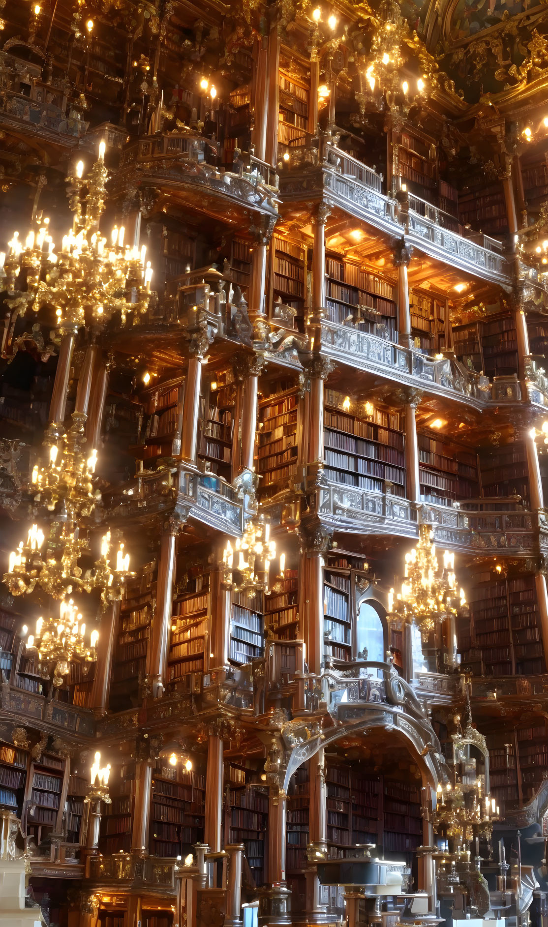 Elaborate Multilevel Library with Wooden Bookshelves