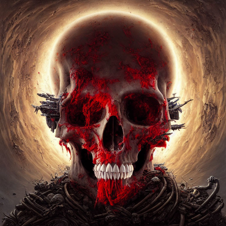 Surreal skull with red eyes in apocalyptic landscape