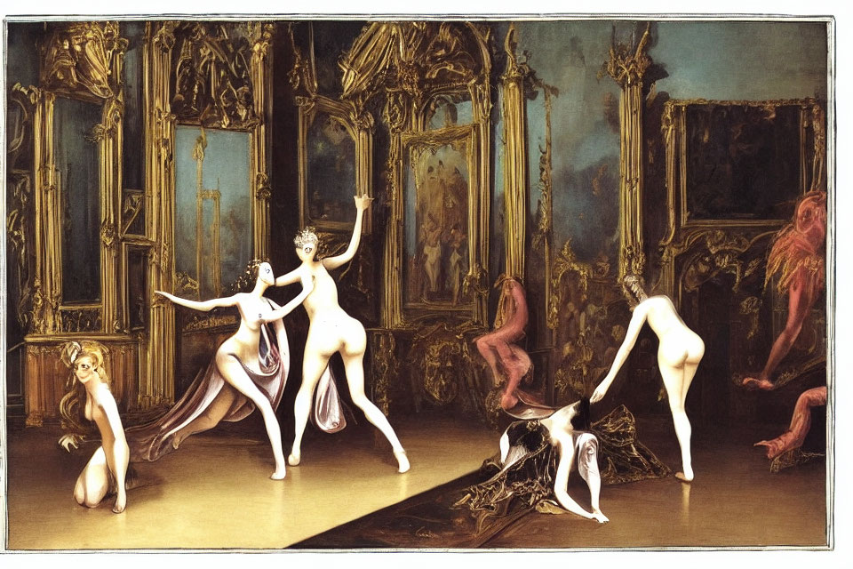 Surreal painting of pale humanoid figures in ornate room