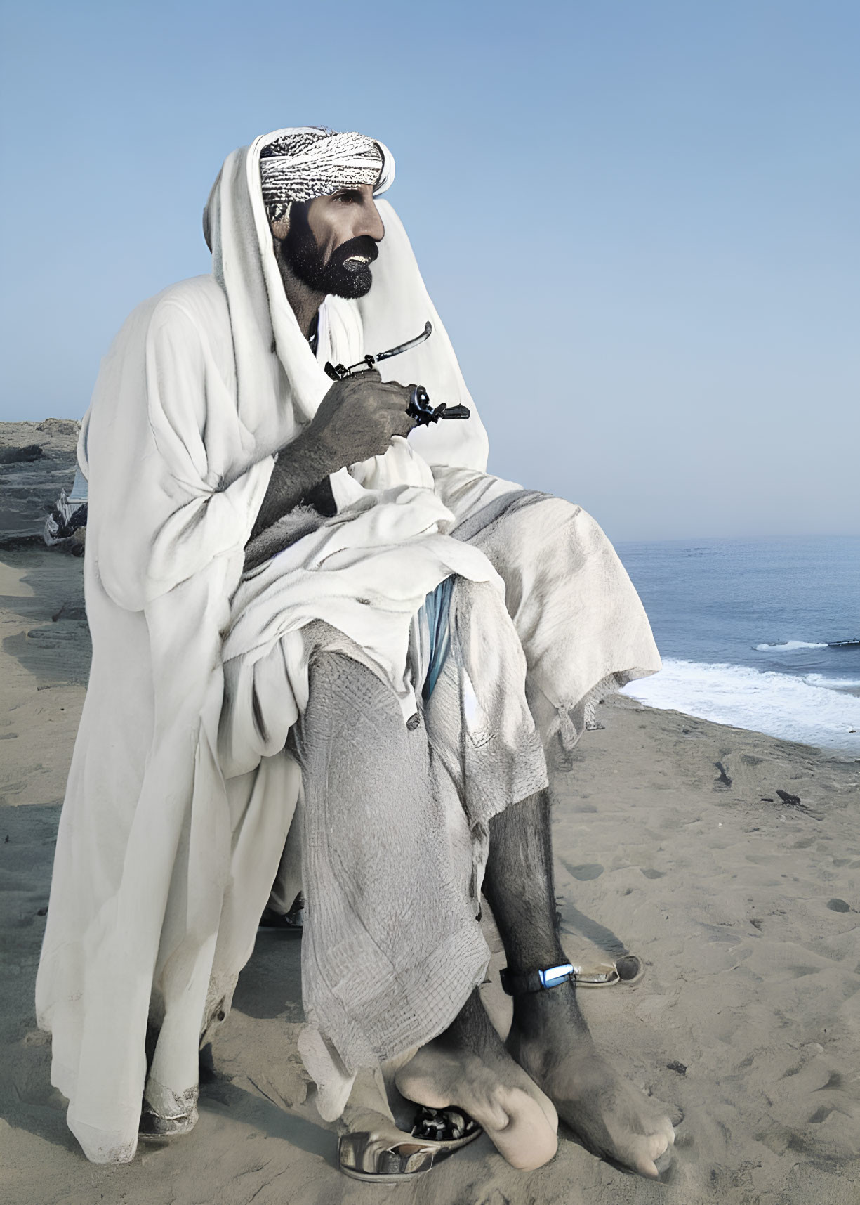 Man in traditional attire smoking pipe on sandy beach
