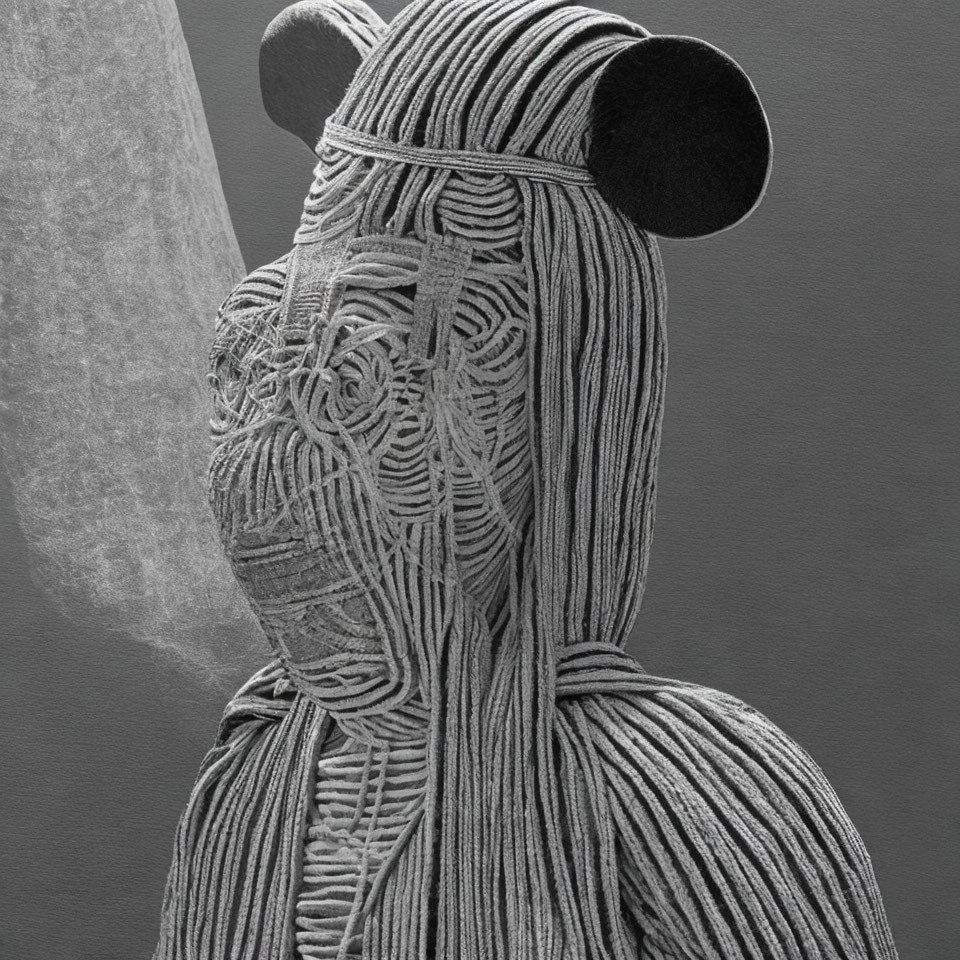 Monochromatic close-up photo of textured yarn humanoid figure