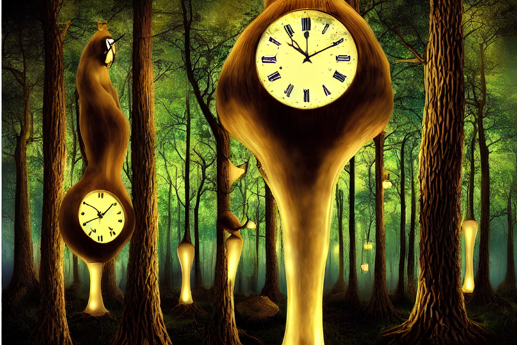 Surrealist forest scene with clock-shaped trees and glowing orbs