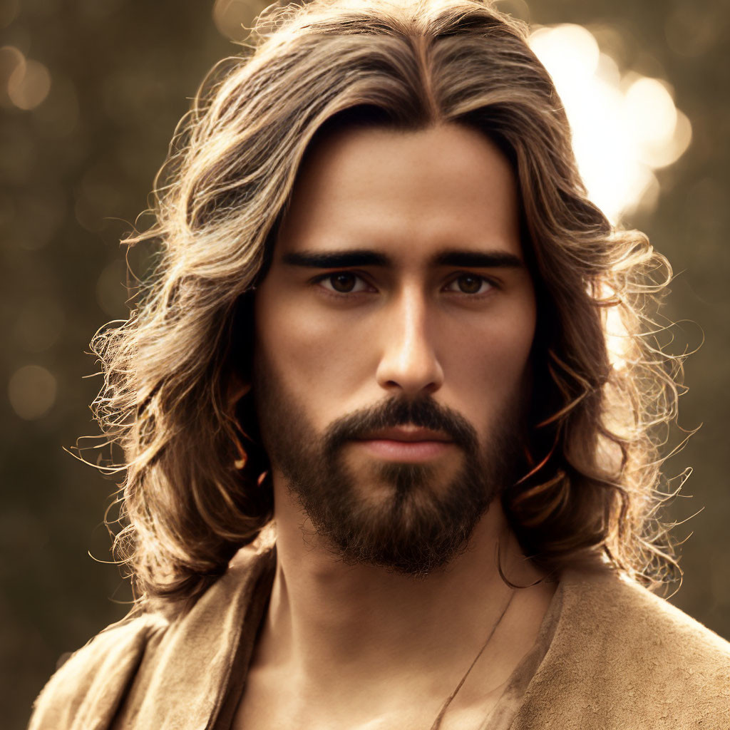 Man with Long Wavy Hair and Beard in Earth-Toned Shirt