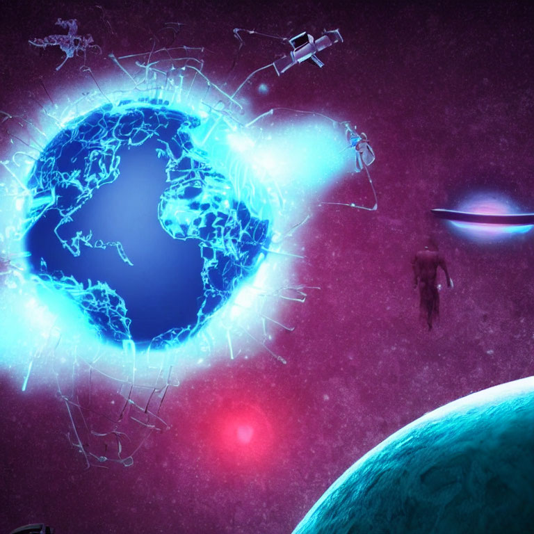 Sci-fi scene with shattered planet, spaceships, astronaut, celestial bodies