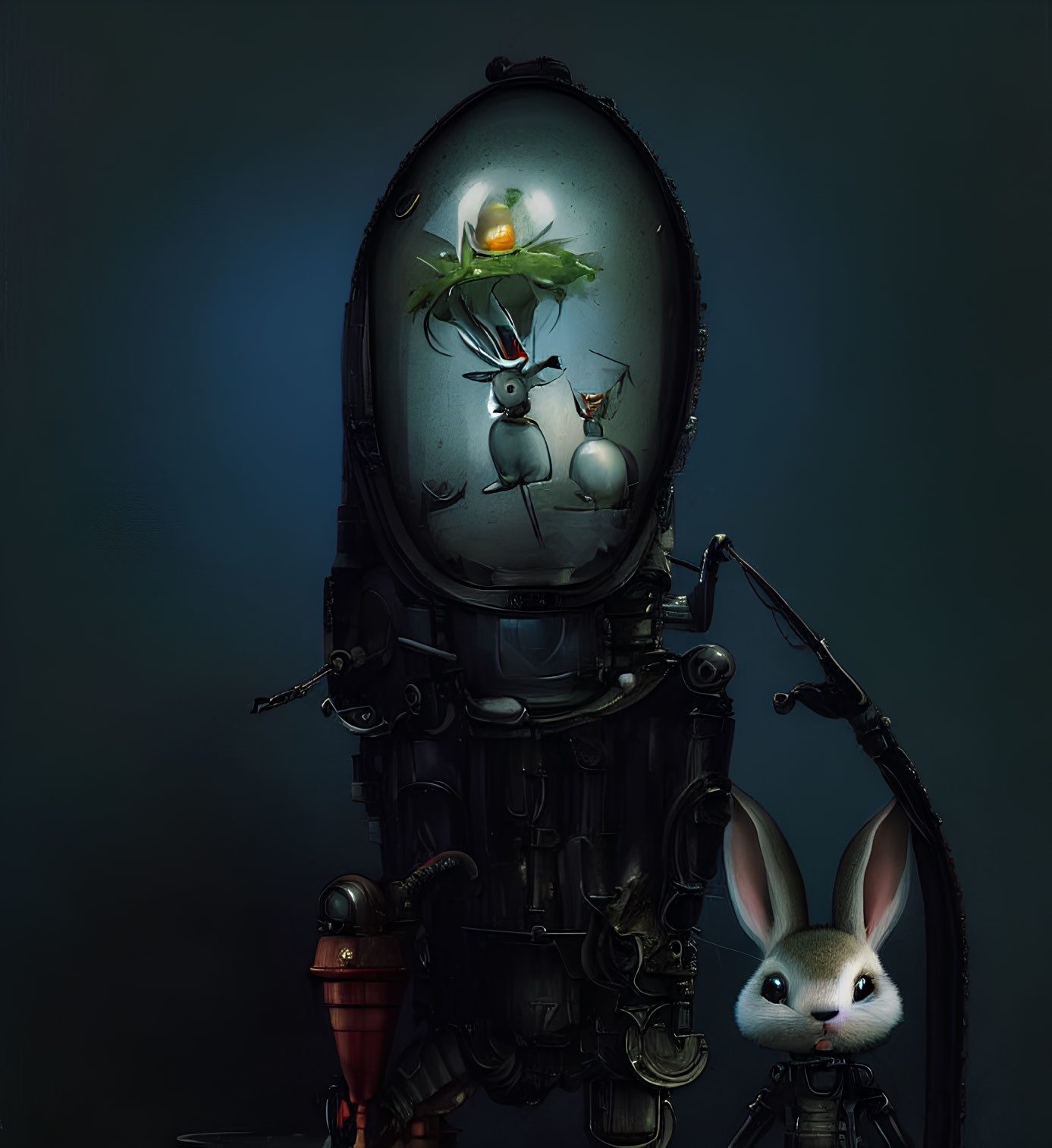 Anthropomorphic rabbit in spacesuit next to intricate mechanical suit with carrot in glass dome