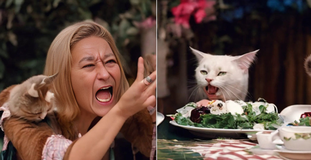 Woman holding distressed cat next to yawning cat at outdoor gathering