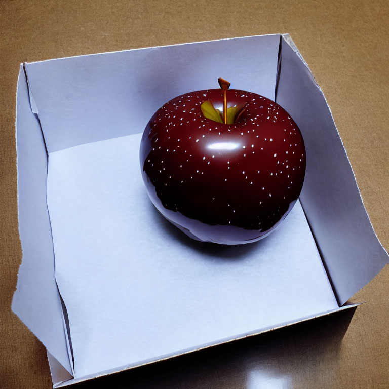 Red Apple with White Speckles in Open White Box on Brown Surface