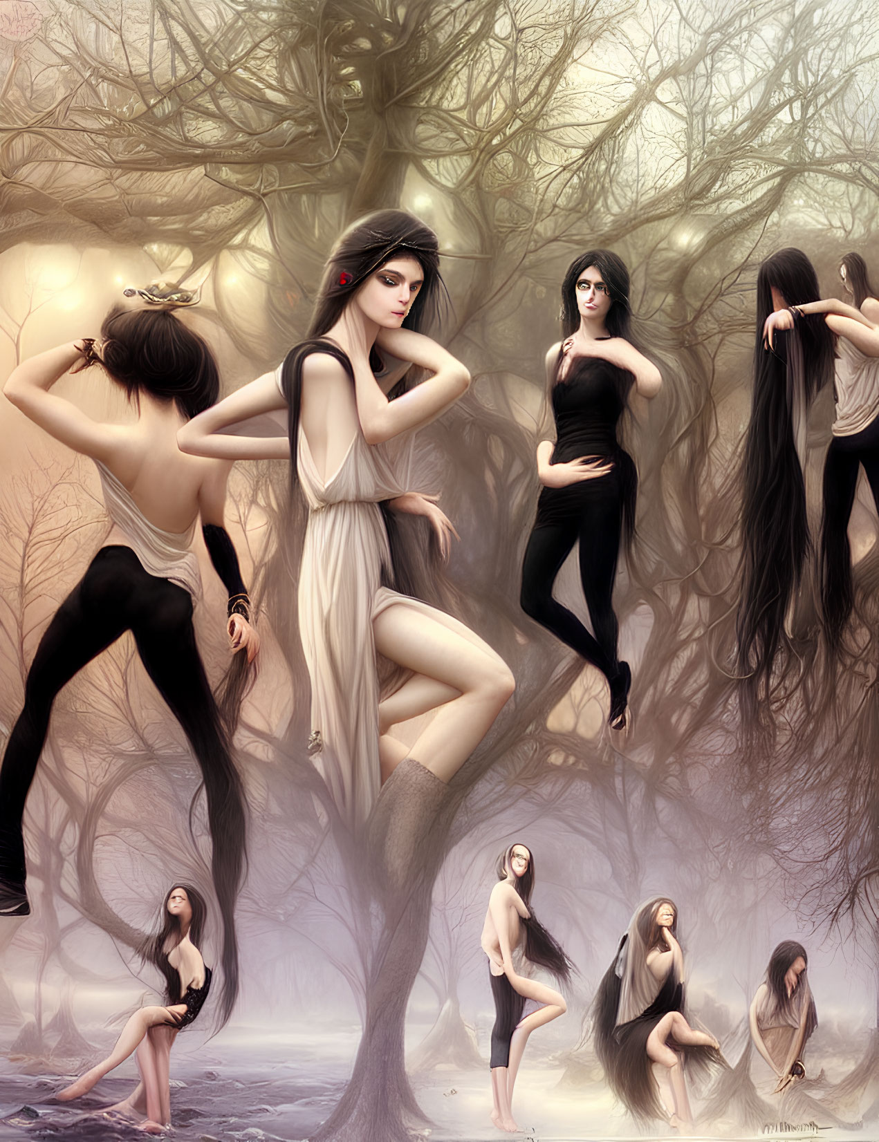 Artwork: Nine ethereal women with long hair in mystical forest setting