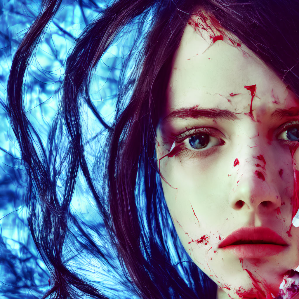 Woman with messy black hair and bloody streaks on face on blue background