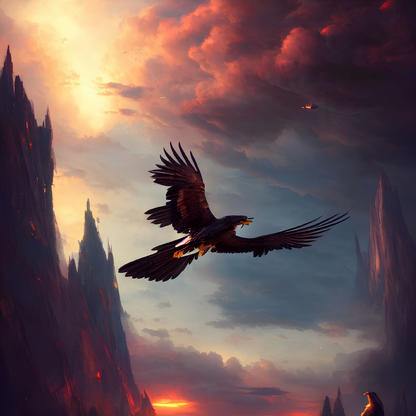 Majestic eagle flying in dramatic sunset sky