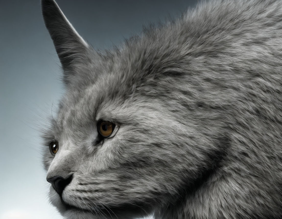 Grey Cat with Yellow Eyes and Fluffy Fur on Blue-Grey Background