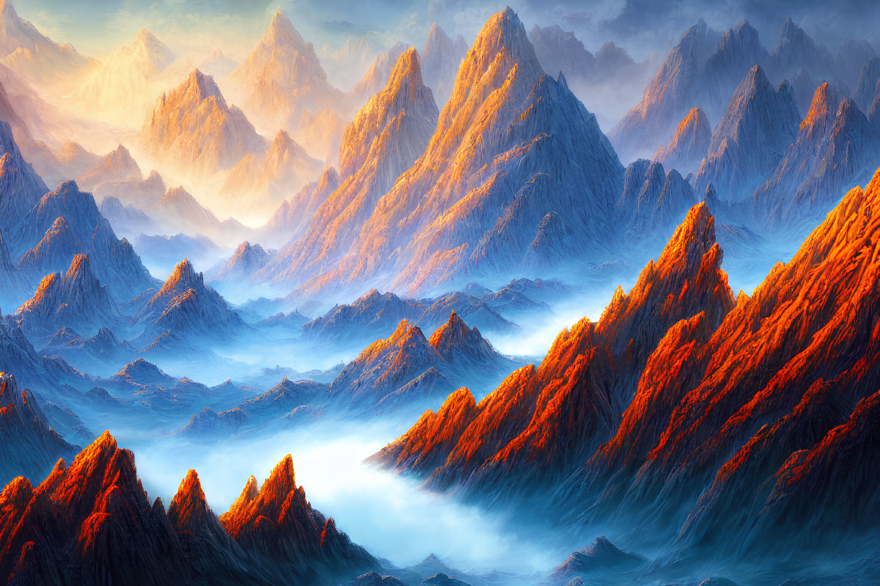 Vibrant orange peaks in surreal landscape with blue mist