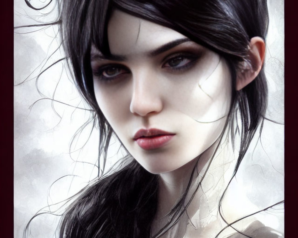 Digital Artwork: Pale-skinned Woman with Dark Hair and Striking Eyes on Misty Gray Background