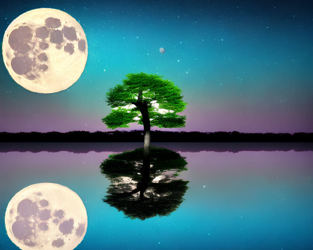 Lone tree reflection on water under night sky with moon and aurora colors