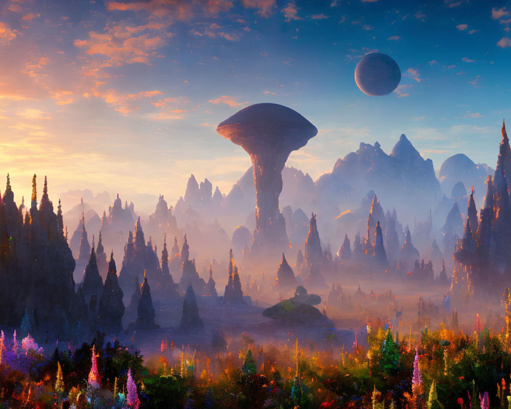 Colorful alien landscape: towering mushrooms, vibrant flora, misty atmosphere, large moon