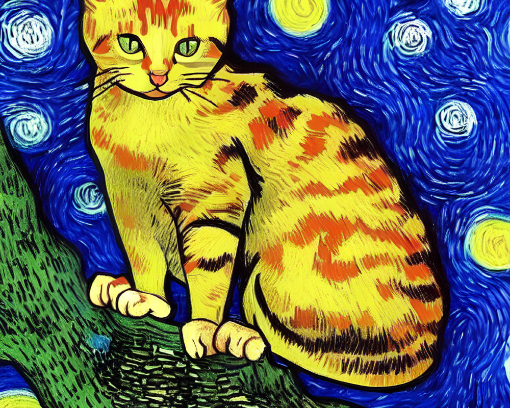 Orange Tabby Cat with Green Eyes on Van Gogh-Inspired Background