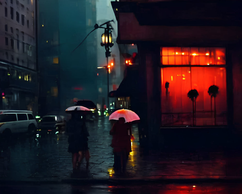 Night scene: Two people with umbrellas under red neon lights in the rain