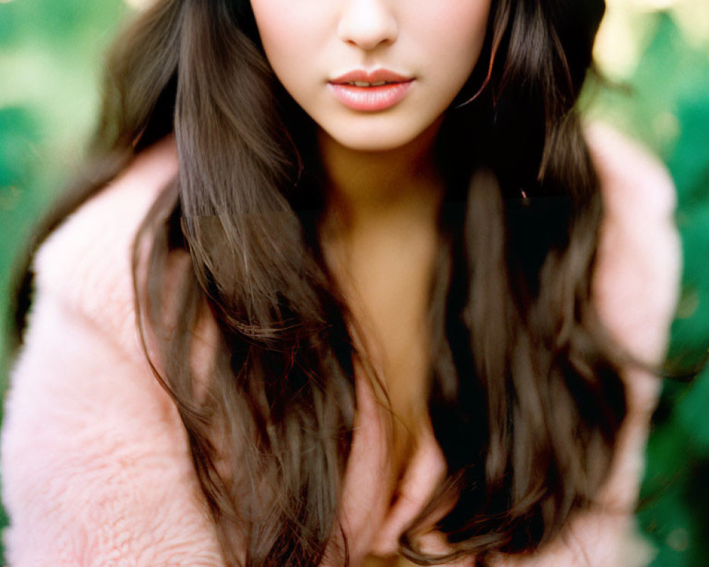 Dark-Haired Woman in Pink Fluffy Coat Gazing at Camera