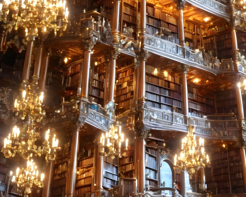 Elaborate Multilevel Library with Wooden Bookshelves