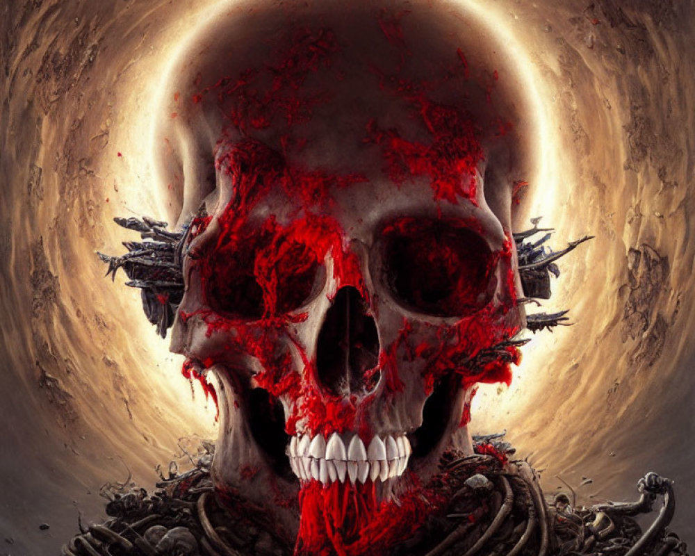 Surreal skull with red eyes in apocalyptic landscape