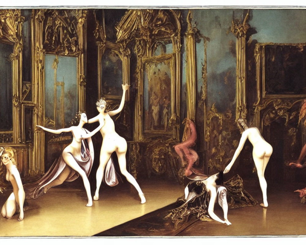 Surreal painting of pale humanoid figures in ornate room