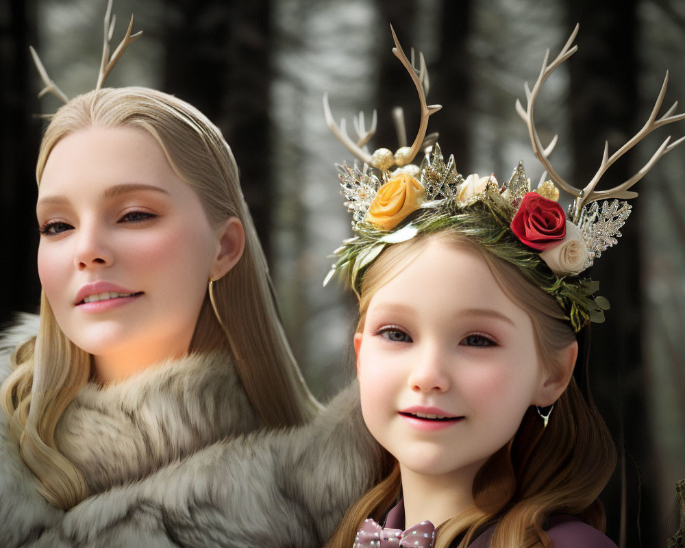 Two females wearing decorative antler headbands and floral ornaments in a forest.