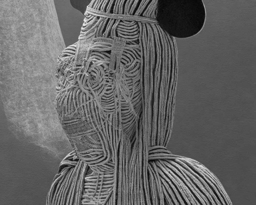 Monochromatic close-up photo of textured yarn humanoid figure