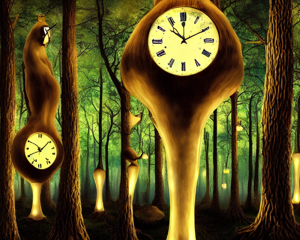 Surrealist forest scene with clock-shaped trees and glowing orbs