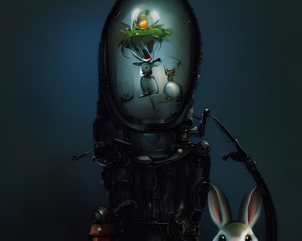 Anthropomorphic rabbit in spacesuit next to intricate mechanical suit with carrot in glass dome