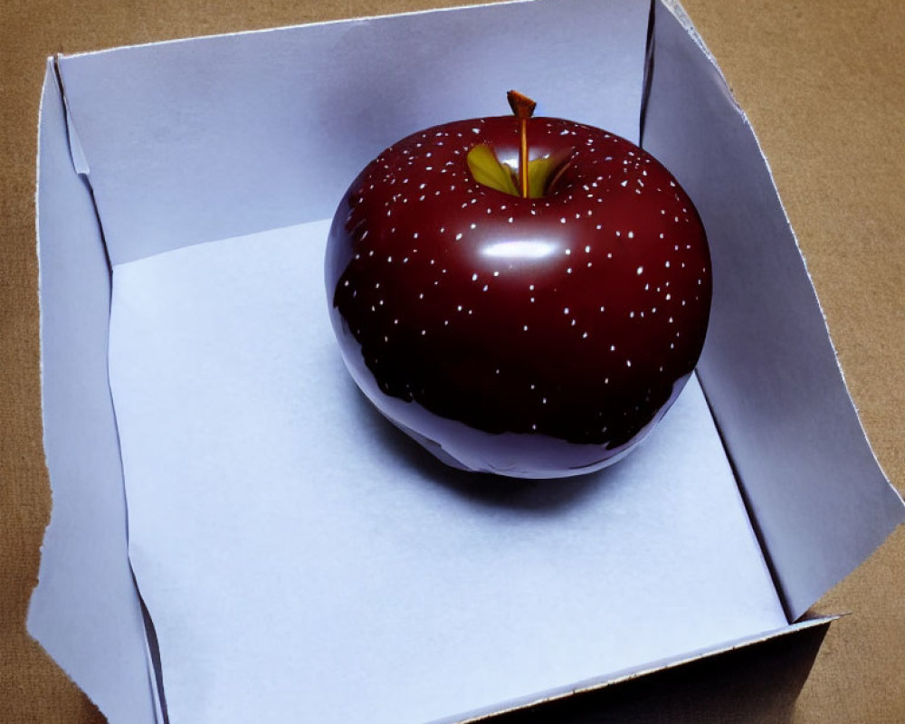 Red Apple with White Speckles in Open White Box on Brown Surface