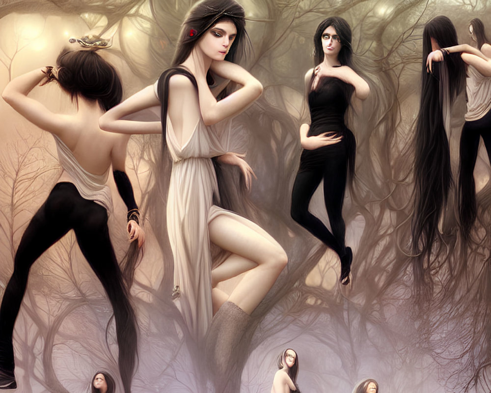 Artwork: Nine ethereal women with long hair in mystical forest setting