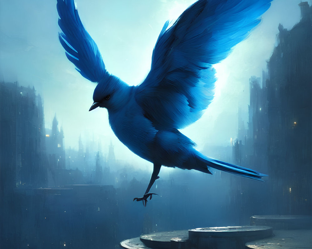 Blue bird flying over futuristic industrial cityscape in misty blue light