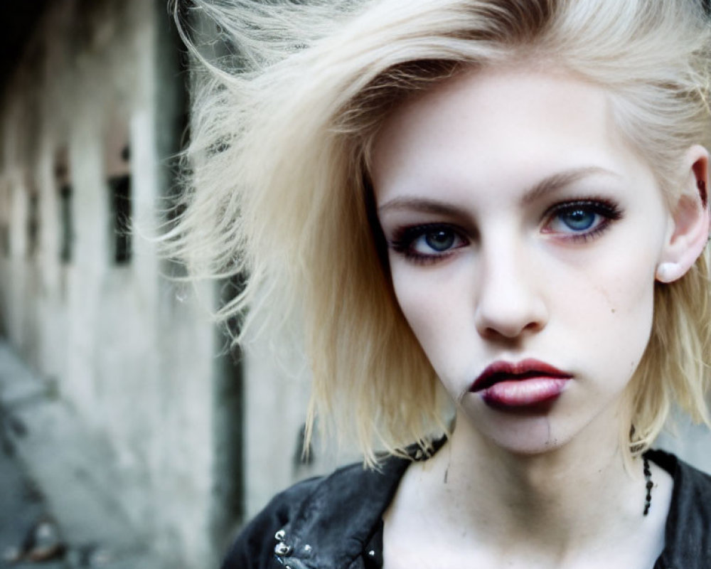 Blonde woman with neck tattoo in dark jacket against urban backdrop