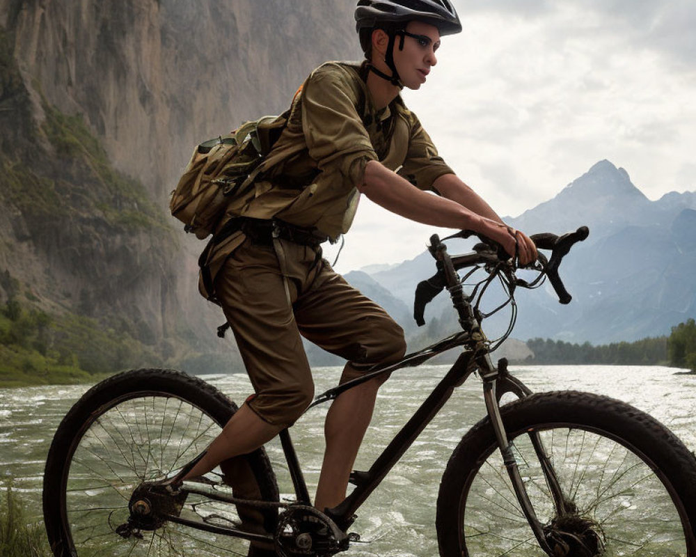 Cyclist in helmet and sunglasses rides mountain bike by river with cliffs and trees under cloudy sky