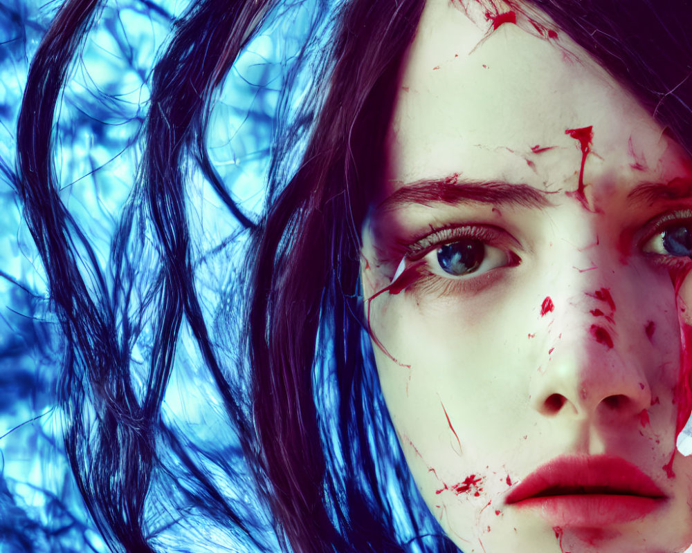 Woman with messy black hair and bloody streaks on face on blue background