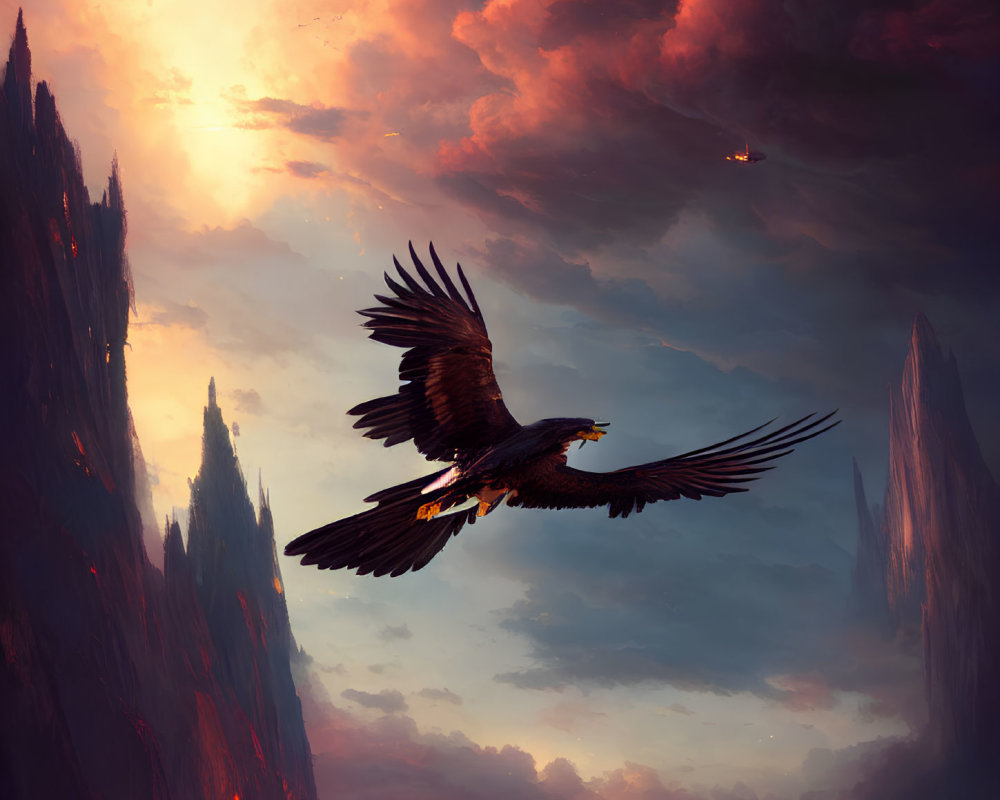 Majestic eagle flying in dramatic sunset sky