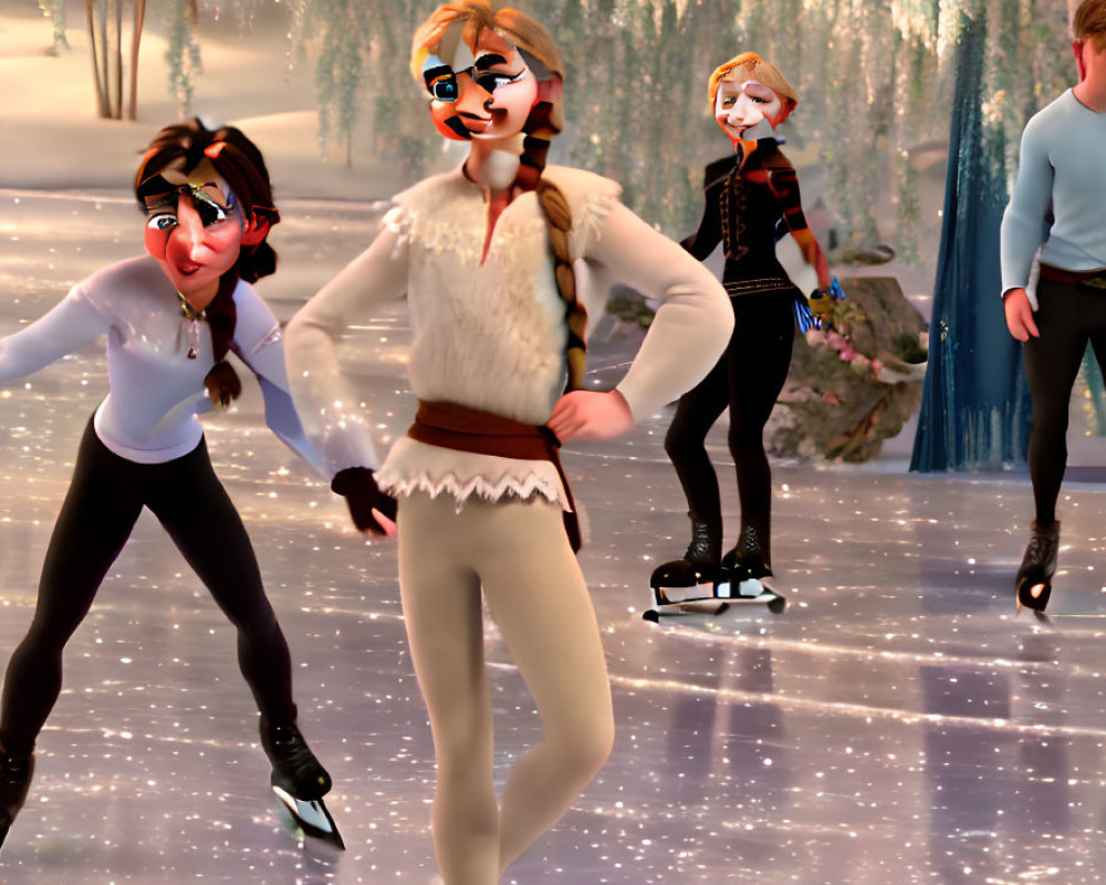 Four animated characters ice skating in winter scene