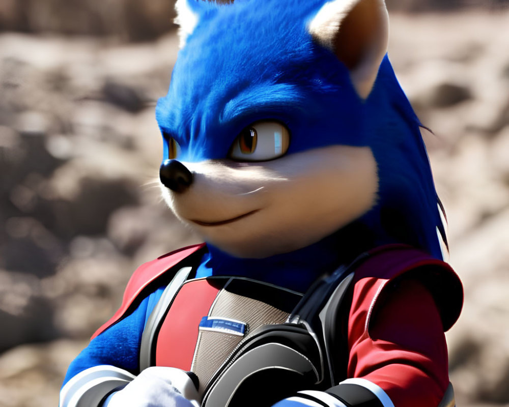 3D render of Sonic the Hedgehog with backpack in outdoor setting