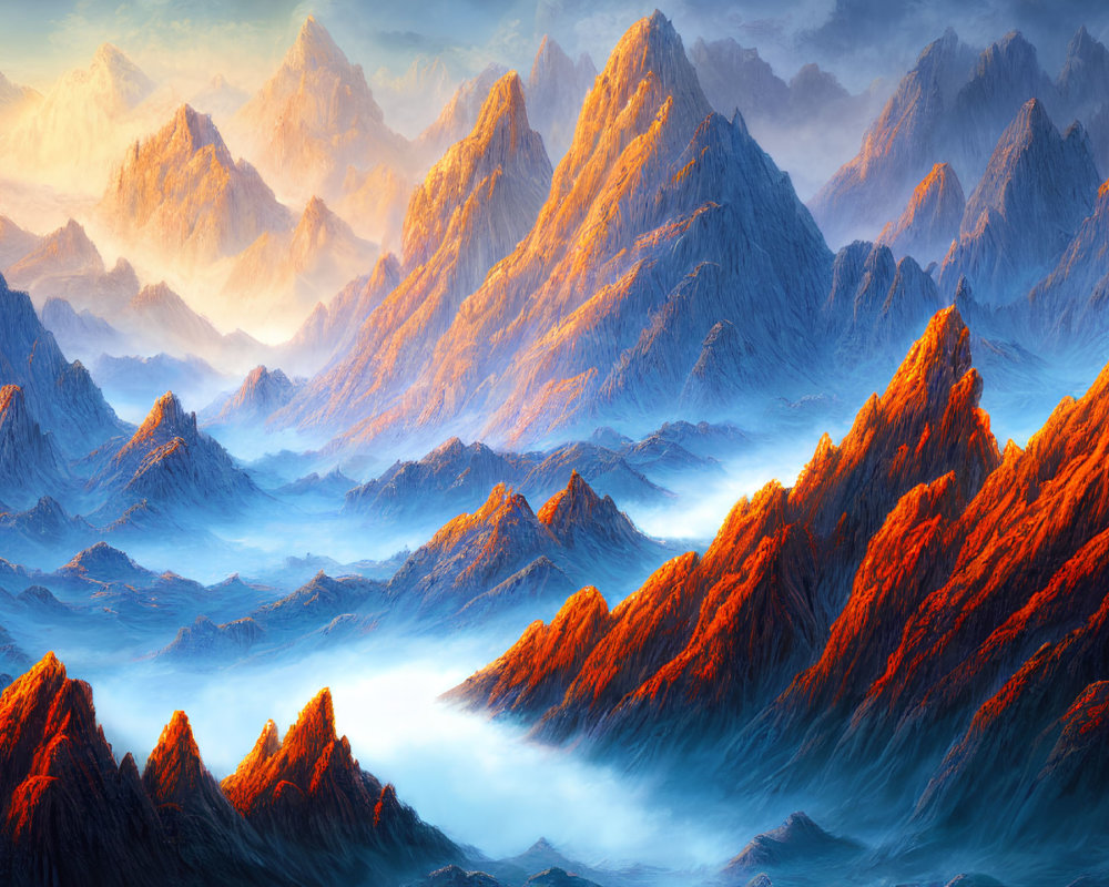 Vibrant orange peaks in surreal landscape with blue mist