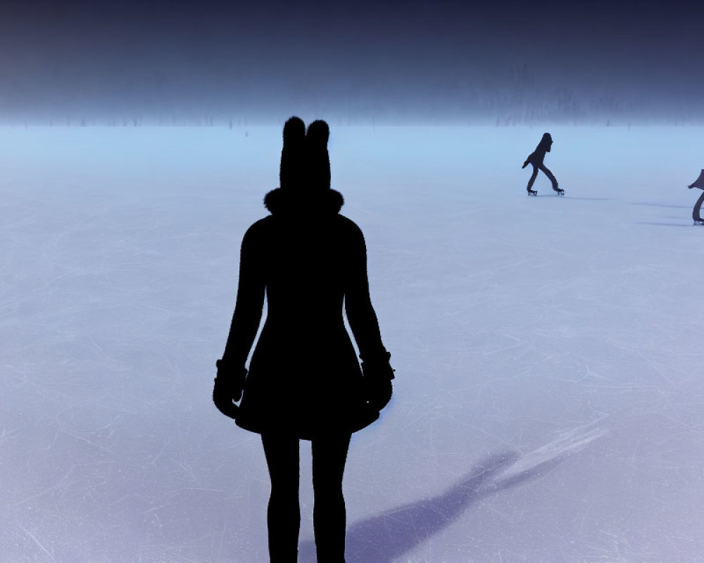 Person with beanie and backpack on icy surface with blurred skaters in background